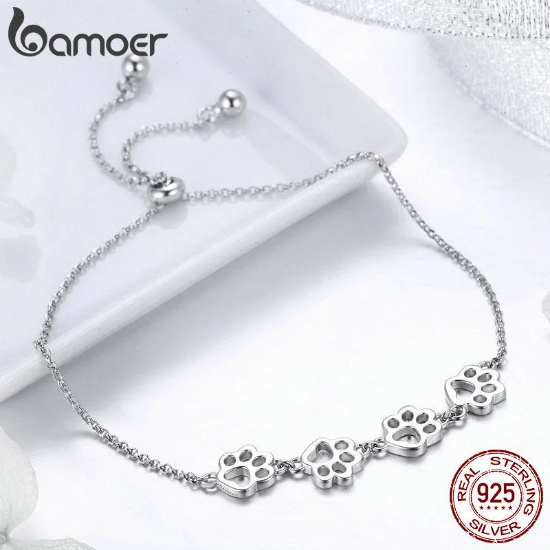 Bamoer Genuine 925 Sterling Silver Cute Pet Footprints Bracelet Cat Paw Adjustable Chain Bracelet for Women Birthday Gift SCB096