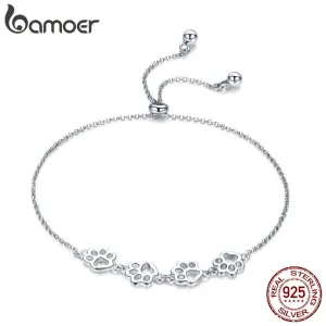 Bamoer Genuine 925 Sterling Silver Cute Pet Footprints Bracelet Cat Paw Adjustable Chain Bracelet for Women Birthday Gift SCB096