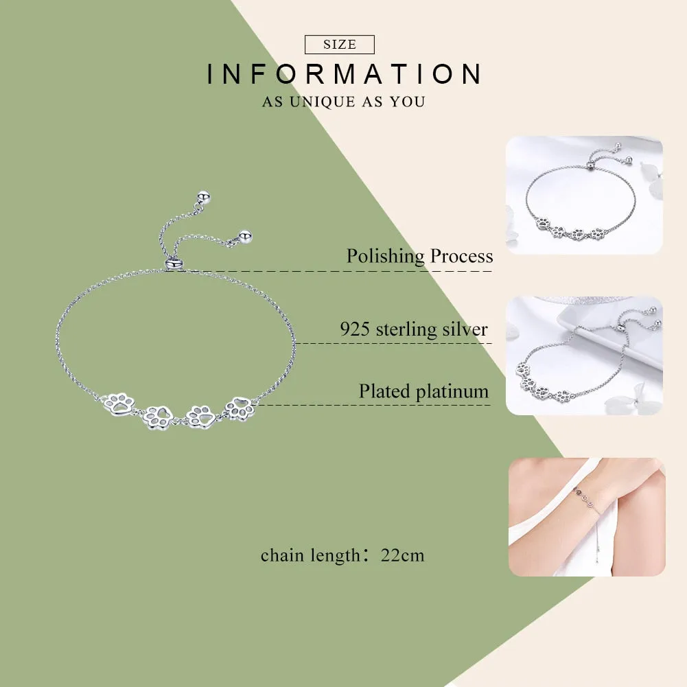 Bamoer Genuine 925 Sterling Silver Cute Pet Footprints Bracelet Cat Paw Adjustable Chain Bracelet for Women Birthday Gift SCB096