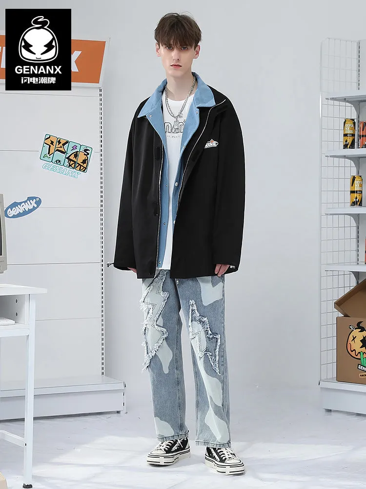 Black And White Comic Print Lapel Hooded Couple Jacket