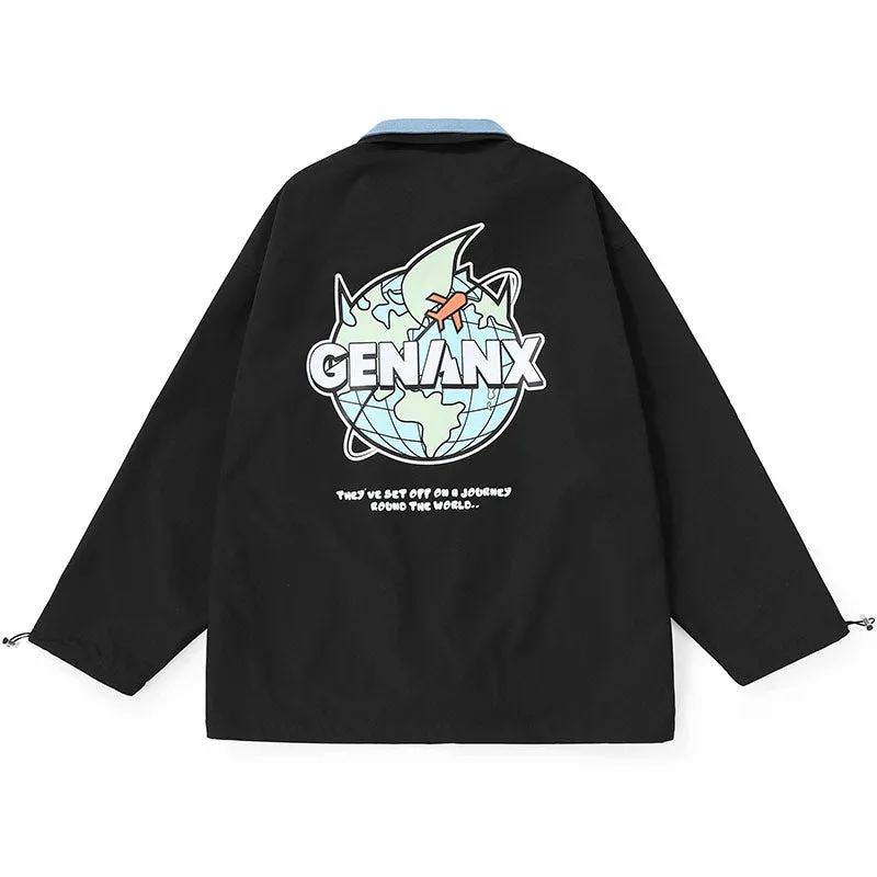 Black And White Comic Print Lapel Hooded Couple Jacket