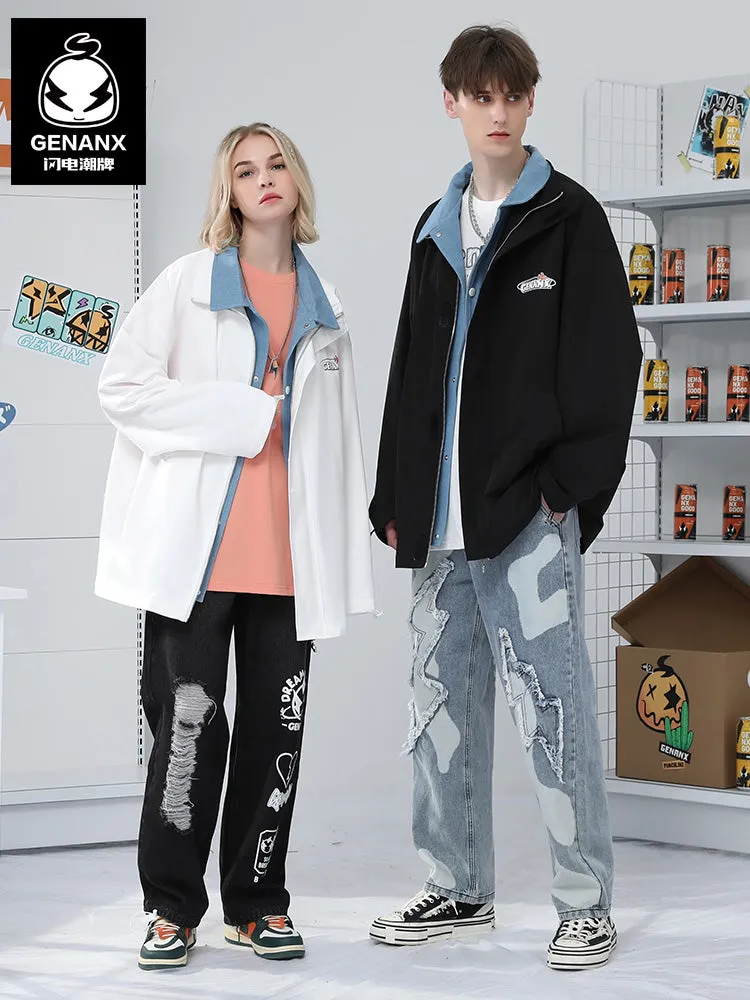 Black And White Comic Print Lapel Hooded Couple Jacket