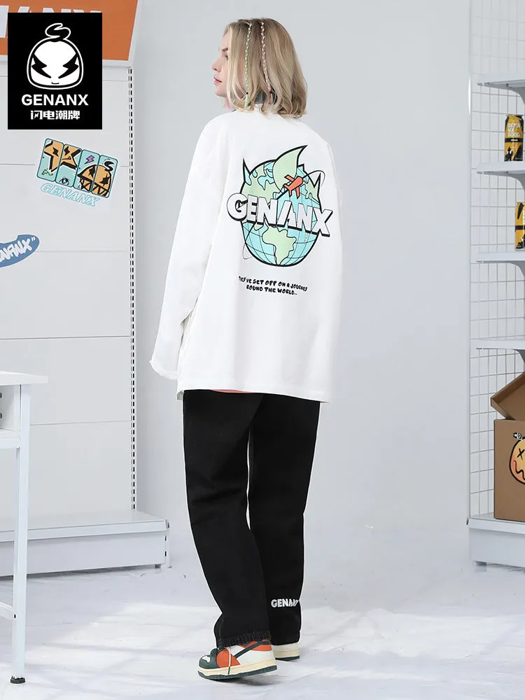 Black And White Comic Print Lapel Hooded Couple Jacket