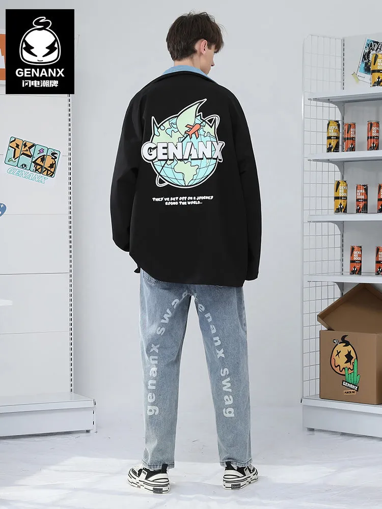 Black And White Comic Print Lapel Hooded Couple Jacket