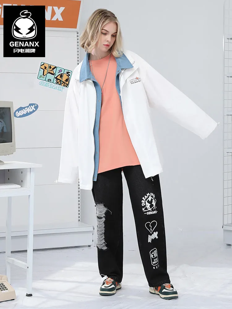 Black And White Comic Print Lapel Hooded Couple Jacket