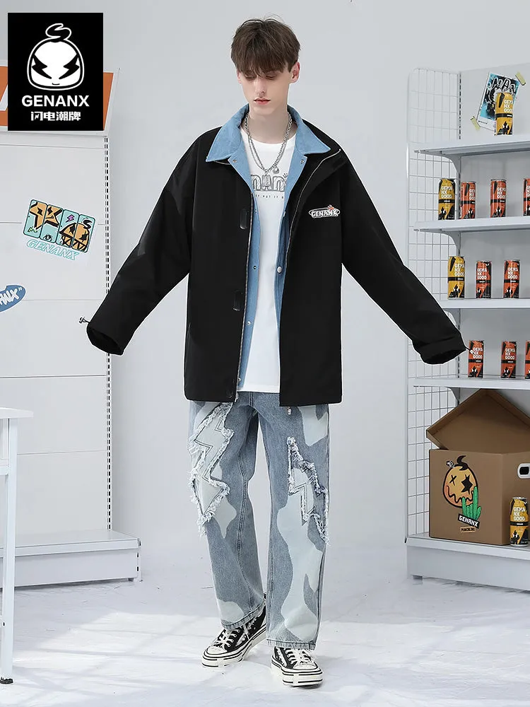Black And White Comic Print Lapel Hooded Couple Jacket