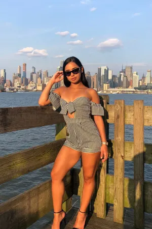 Black and White Striped Bardot Playsuit - Suzey