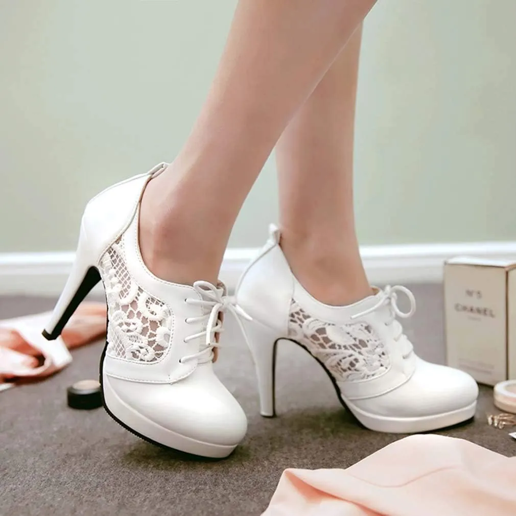 Bubumei Women Lace Up Stiletto High Heel Pumps Platform Sexy Closed Toe Court Shoes