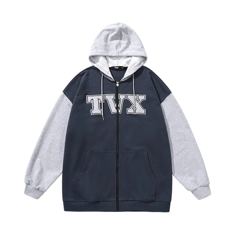 Color patchwork monogrammed logo kangaroo zipper hooded cotton jacket cardigan hoodie
