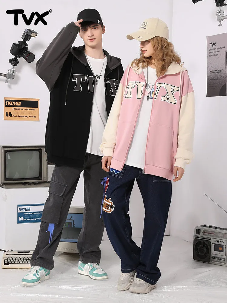 Color patchwork monogrammed logo kangaroo zipper hooded cotton jacket cardigan hoodie