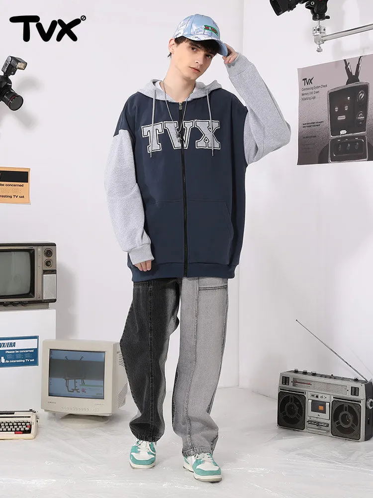 Color patchwork monogrammed logo kangaroo zipper hooded cotton jacket cardigan hoodie