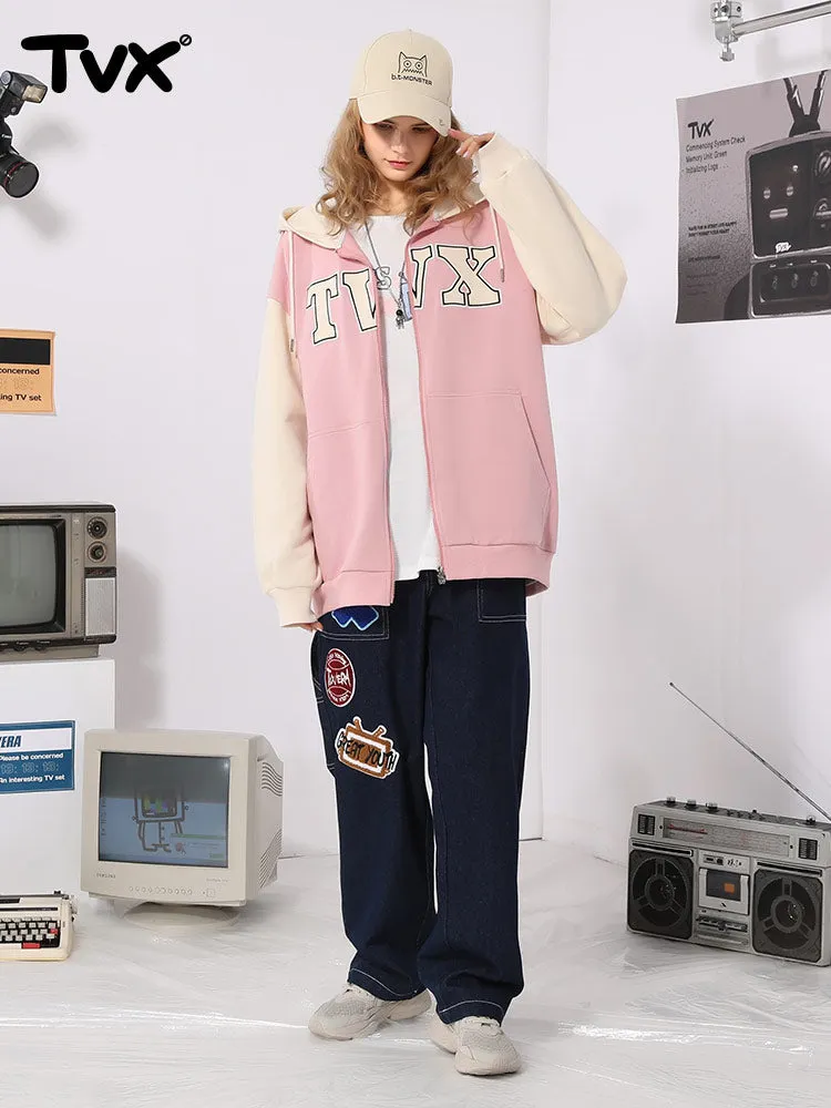 Color patchwork monogrammed logo kangaroo zipper hooded cotton jacket cardigan hoodie