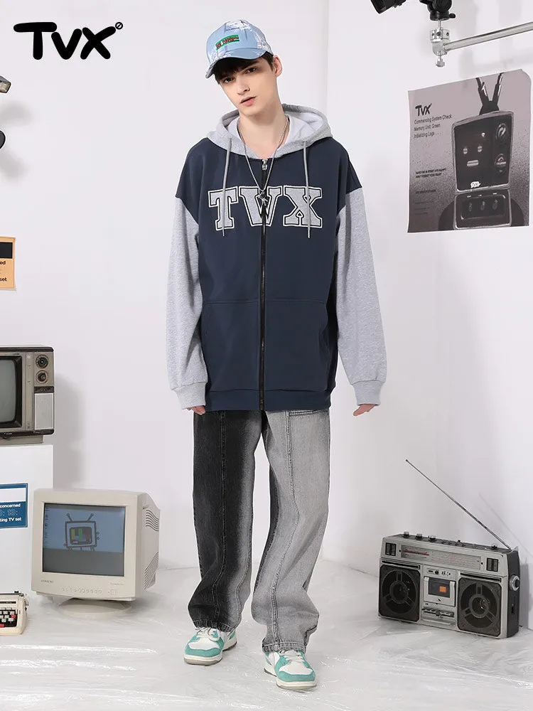 Color patchwork monogrammed logo kangaroo zipper hooded cotton jacket cardigan hoodie