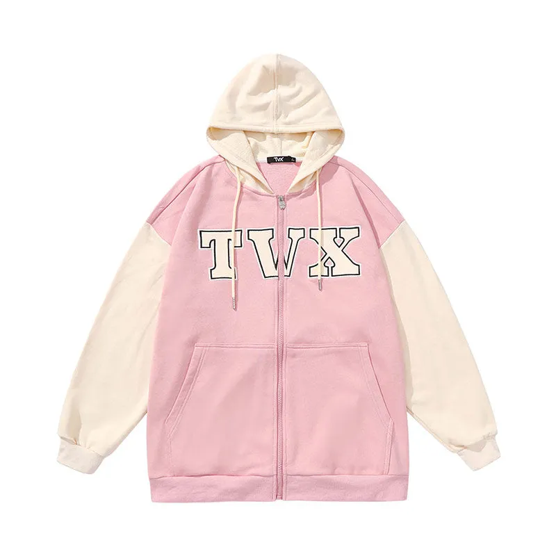 Color patchwork monogrammed logo kangaroo zipper hooded cotton jacket cardigan hoodie