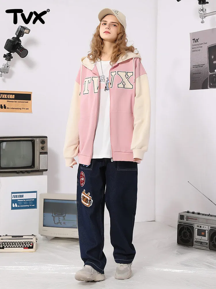 Color patchwork monogrammed logo kangaroo zipper hooded cotton jacket cardigan hoodie