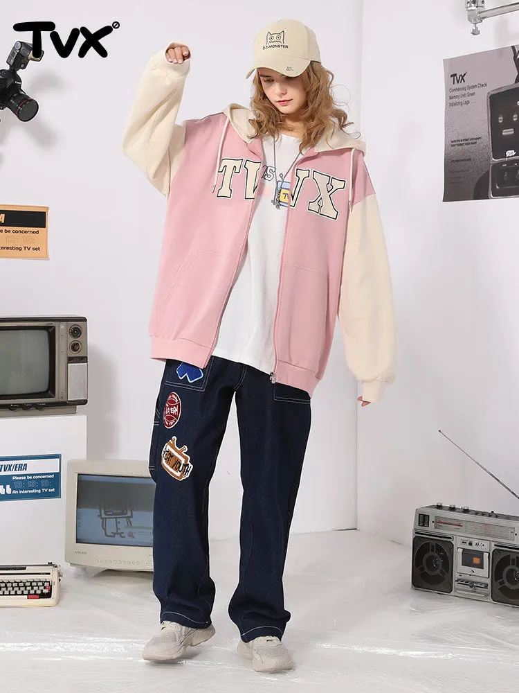 Color patchwork monogrammed logo kangaroo zipper hooded cotton jacket cardigan hoodie