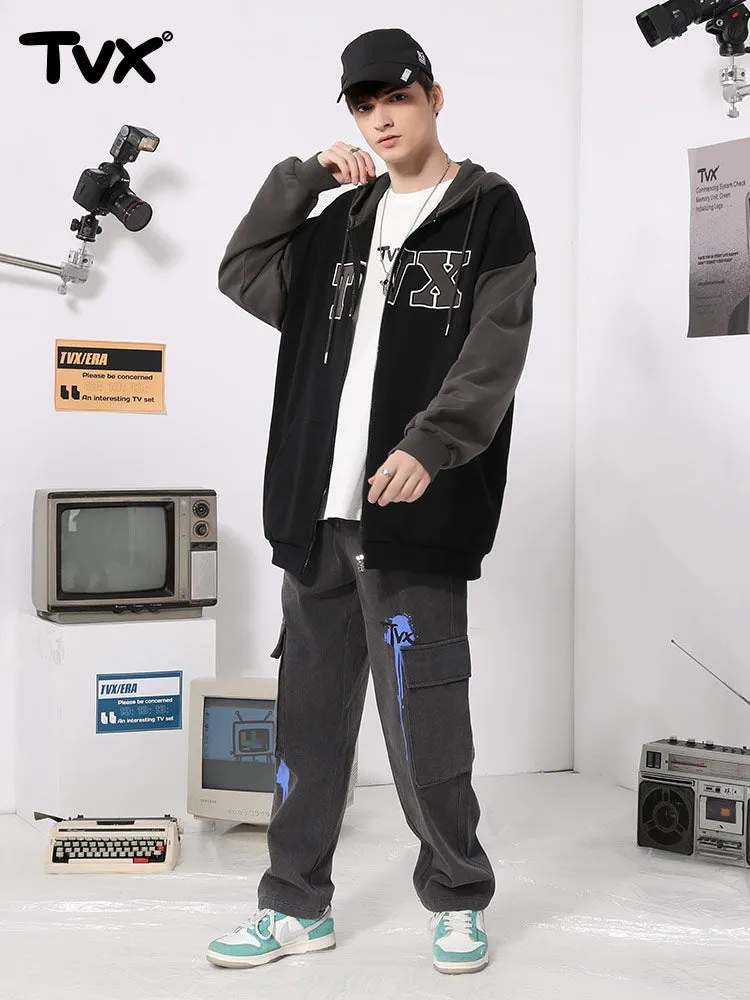 Color patchwork monogrammed logo kangaroo zipper hooded cotton jacket cardigan hoodie