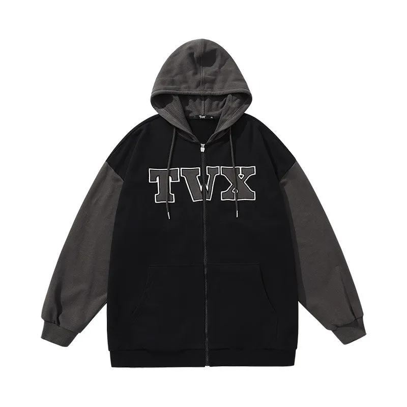 Color patchwork monogrammed logo kangaroo zipper hooded cotton jacket cardigan hoodie
