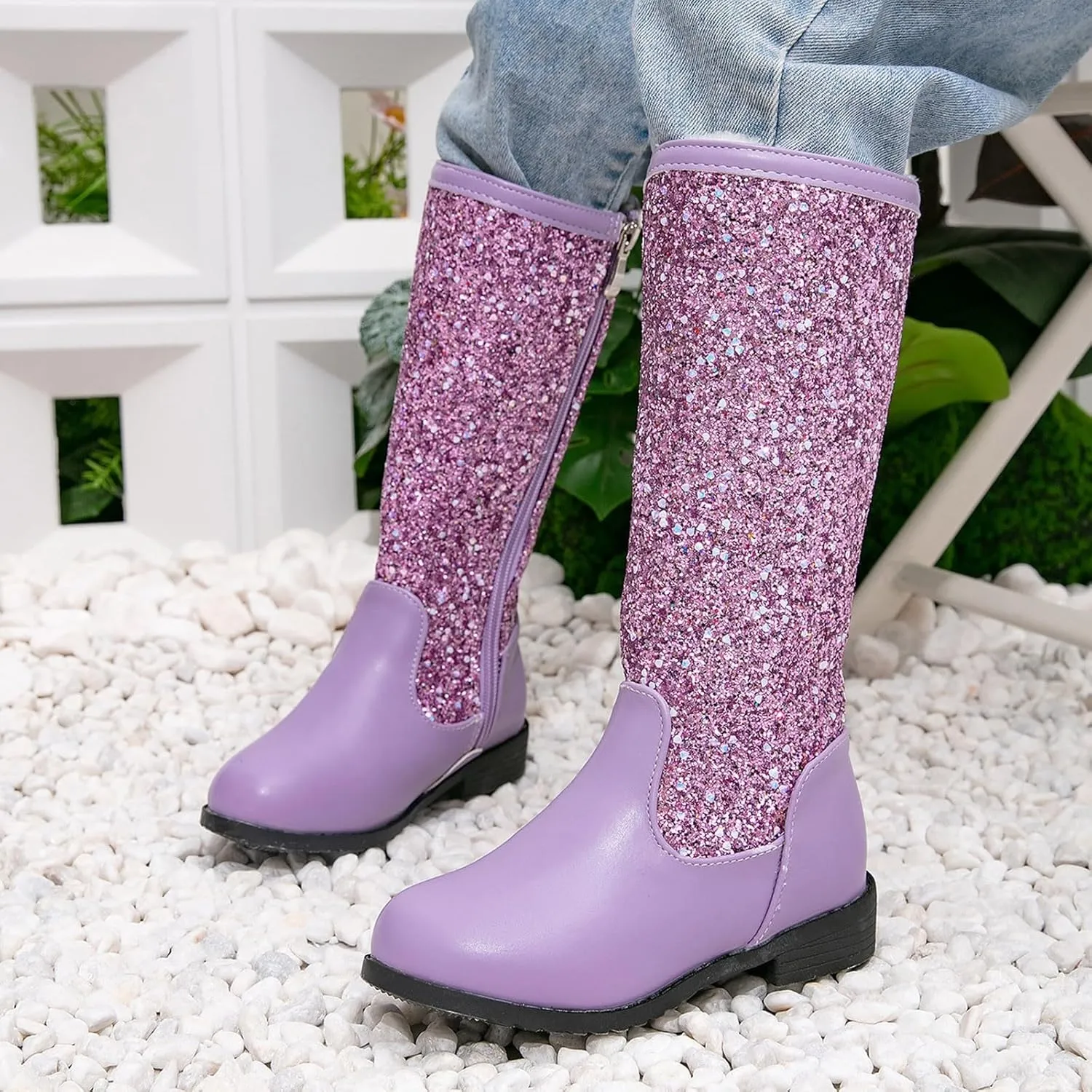 Girls Kids hinestone Mid Calf Riding Boots Sequin Fleece Plush Chunky Comfort Warm Lined Outdoor Girl Boots Size 1