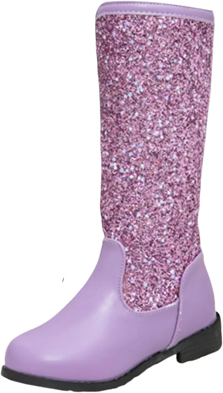 Girls Kids hinestone Mid Calf Riding Boots Sequin Fleece Plush Chunky Comfort Warm Lined Outdoor Girl Boots Size 1