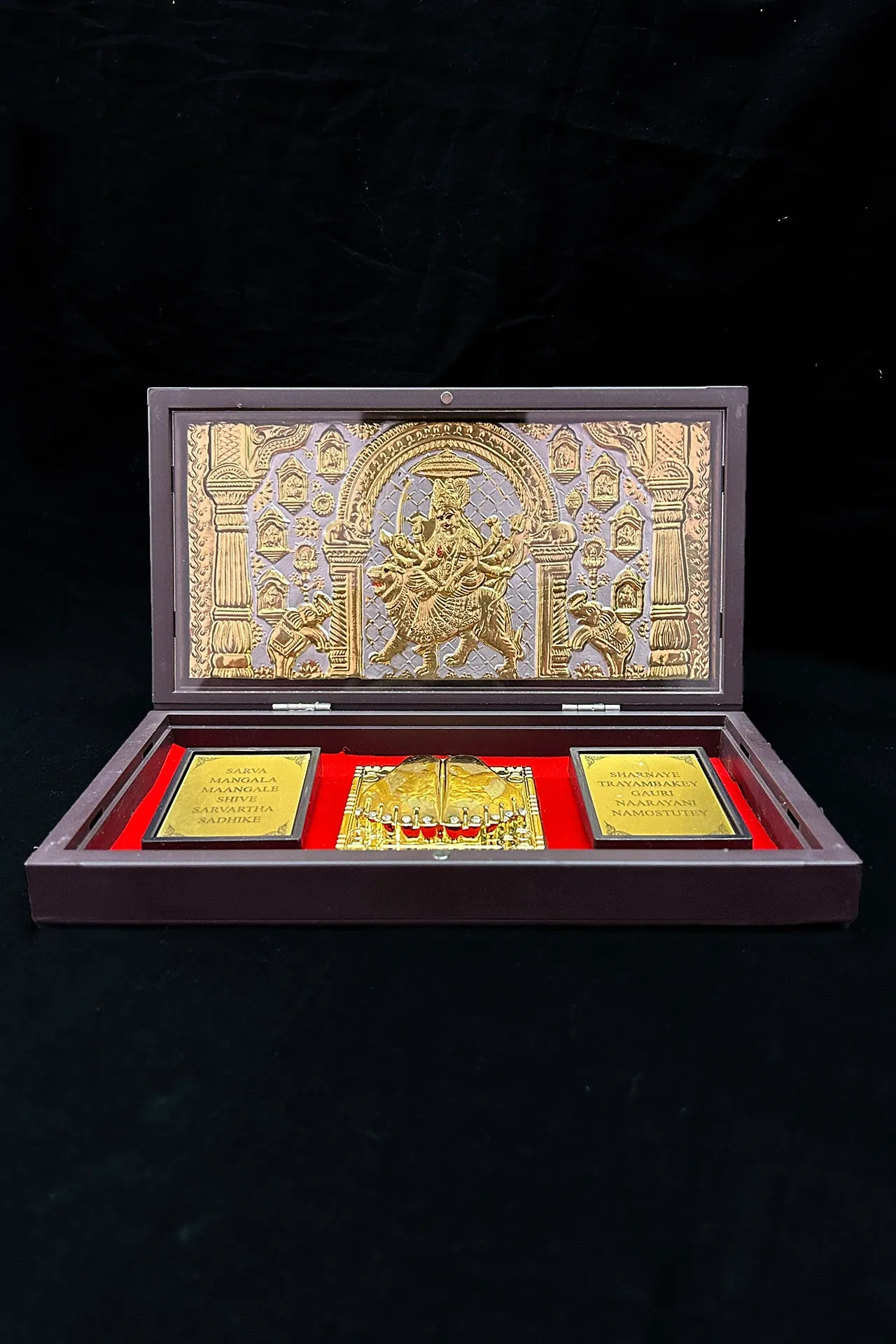 Gold Foil Jai Ambe Maa with Charan Paduka with Shloka with Acrylic Box Pack Of 1 Color Brown Devotional Prayer Box Footprint