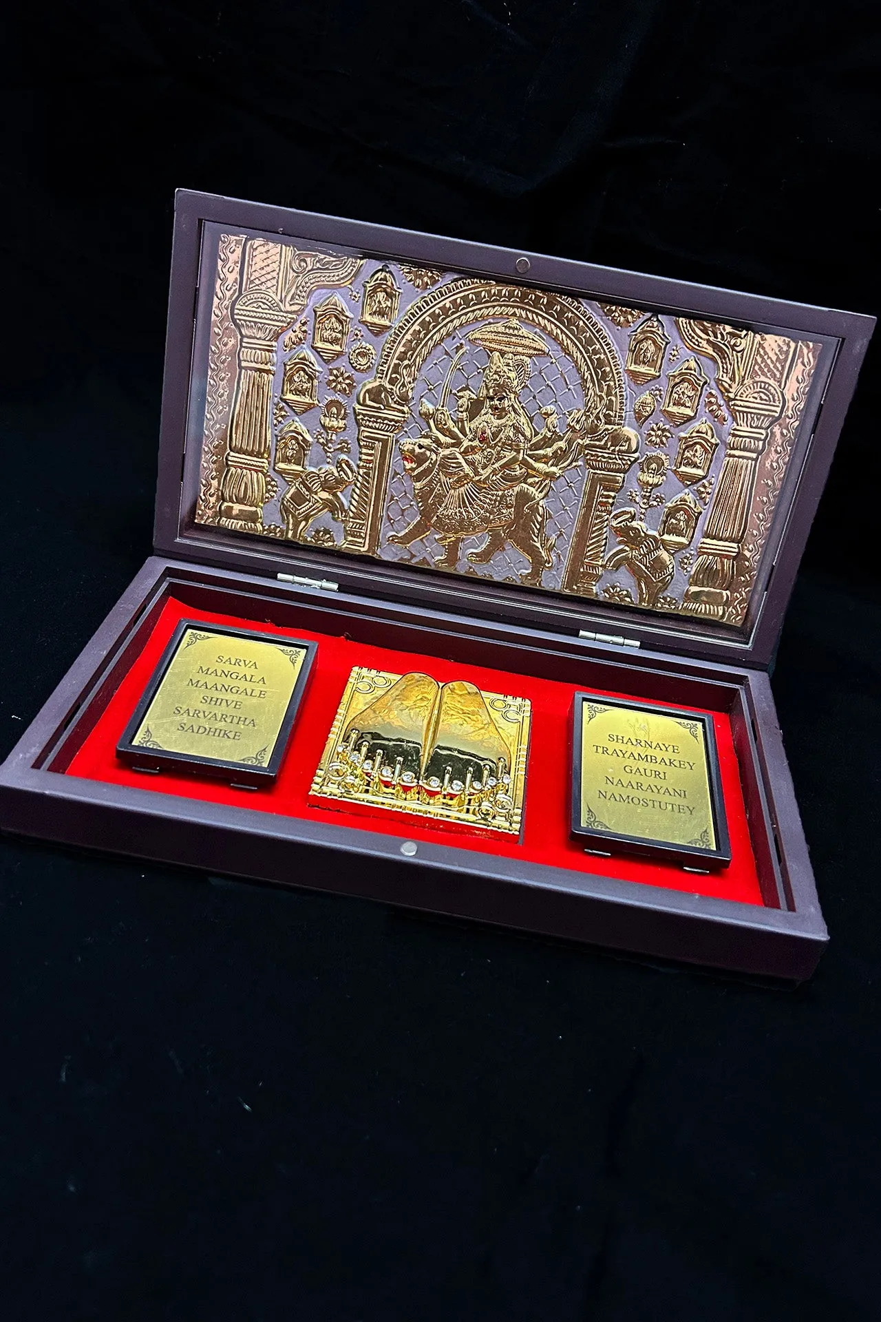 Gold Foil Jai Ambe Maa with Charan Paduka with Shloka with Acrylic Box Pack Of 1 Color Brown Devotional Prayer Box Footprint