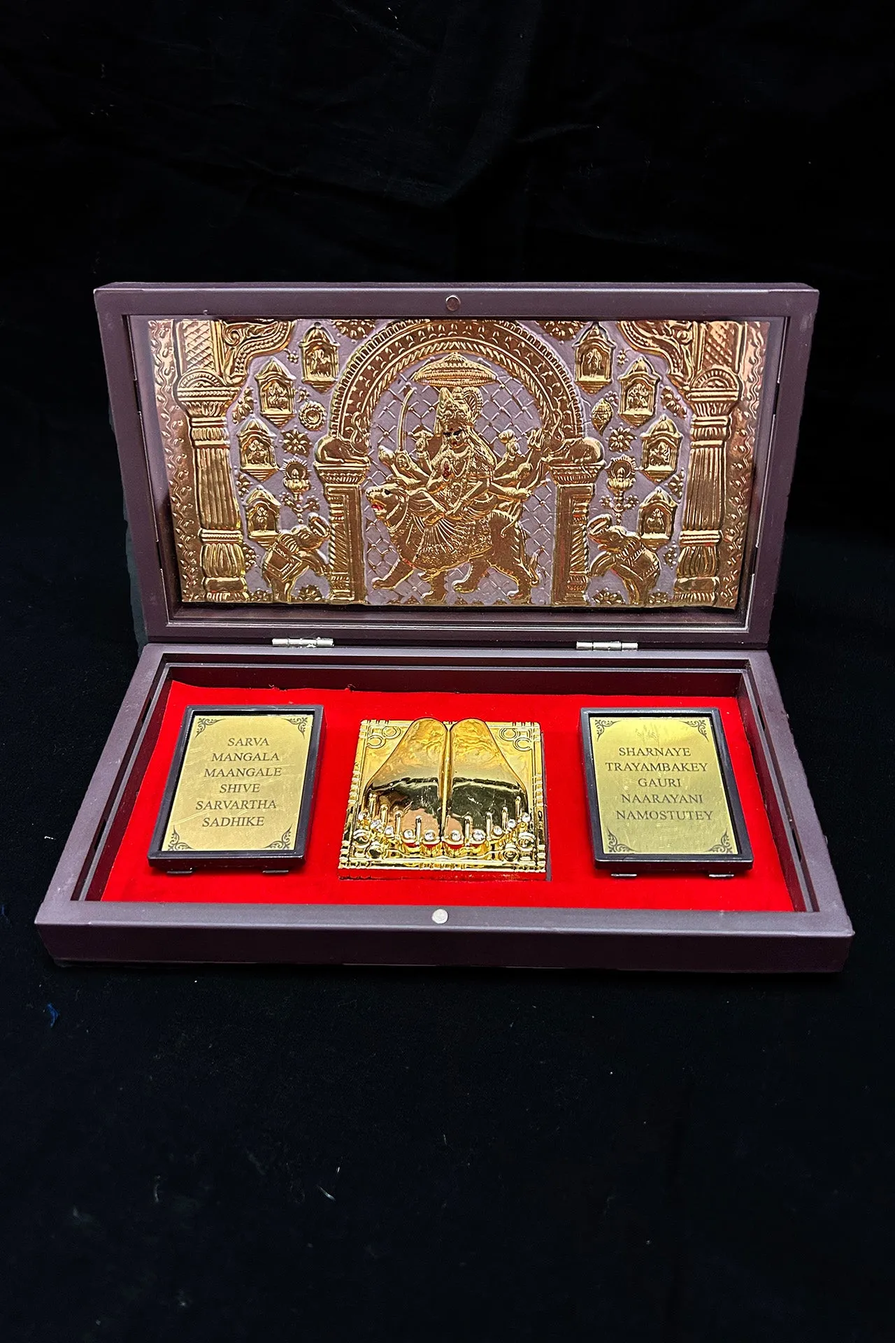 Gold Foil Jai Ambe Maa with Charan Paduka with Shloka with Acrylic Box Pack Of 1 Color Brown Devotional Prayer Box Footprint
