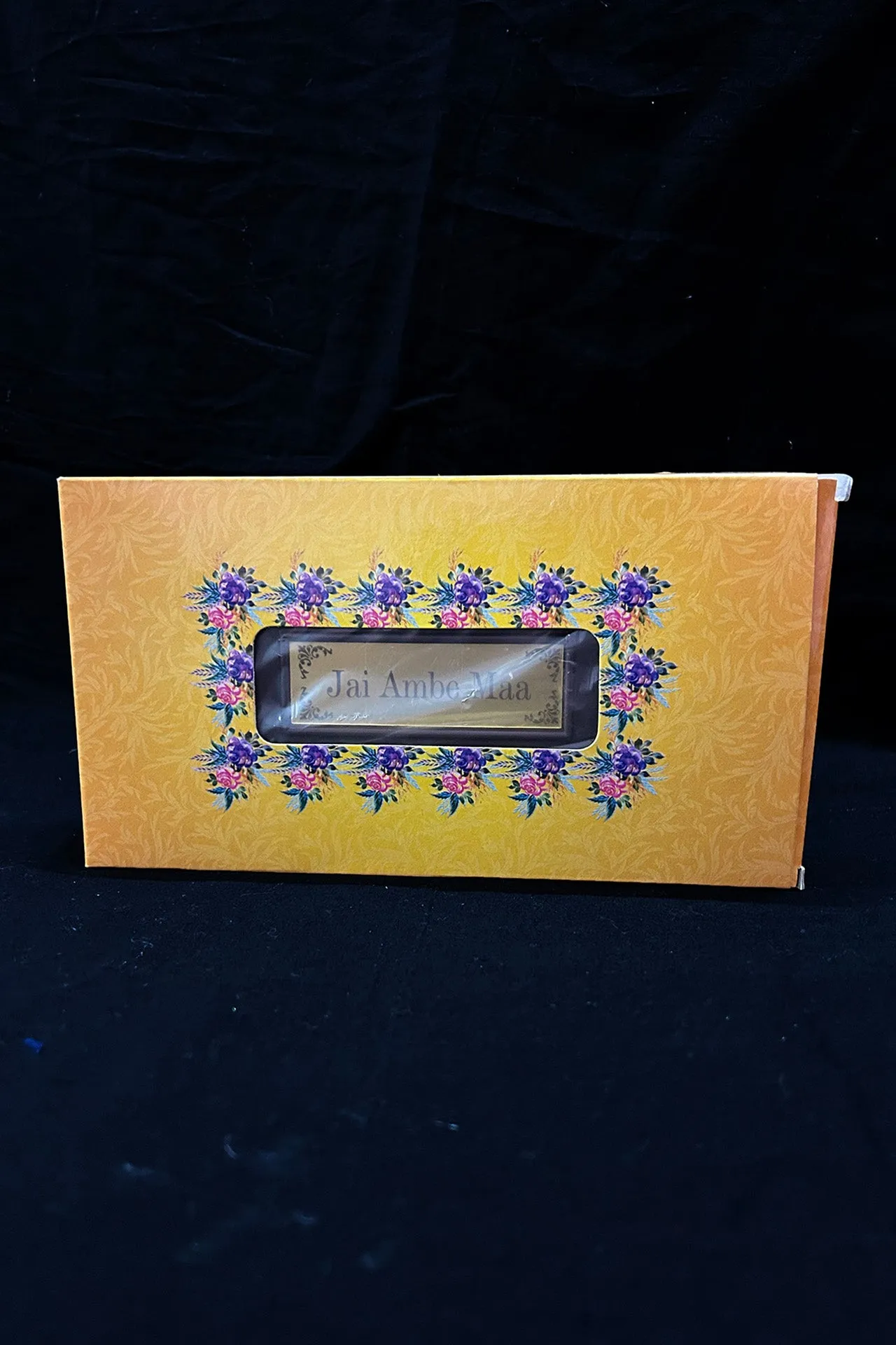 Gold Foil Jai Ambe Maa with Charan Paduka with Shloka with Acrylic Box Pack Of 1 Color Brown Devotional Prayer Box Footprint