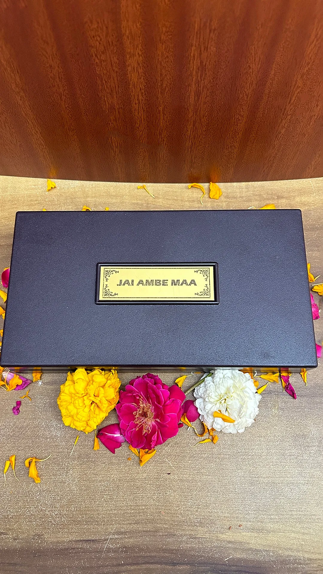 Gold Foil Jai Ambe Maa with Charan Paduka with Shloka with Acrylic Box Pack Of 1 Color Brown Devotional Prayer Box Footprint