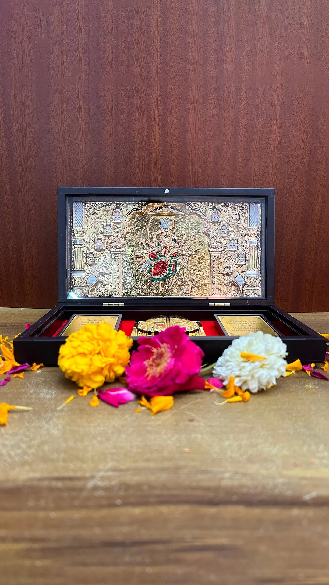 Gold Foil Jai Ambe Maa with Charan Paduka with Shloka with Acrylic Box Pack Of 1 Color Brown Devotional Prayer Box Footprint