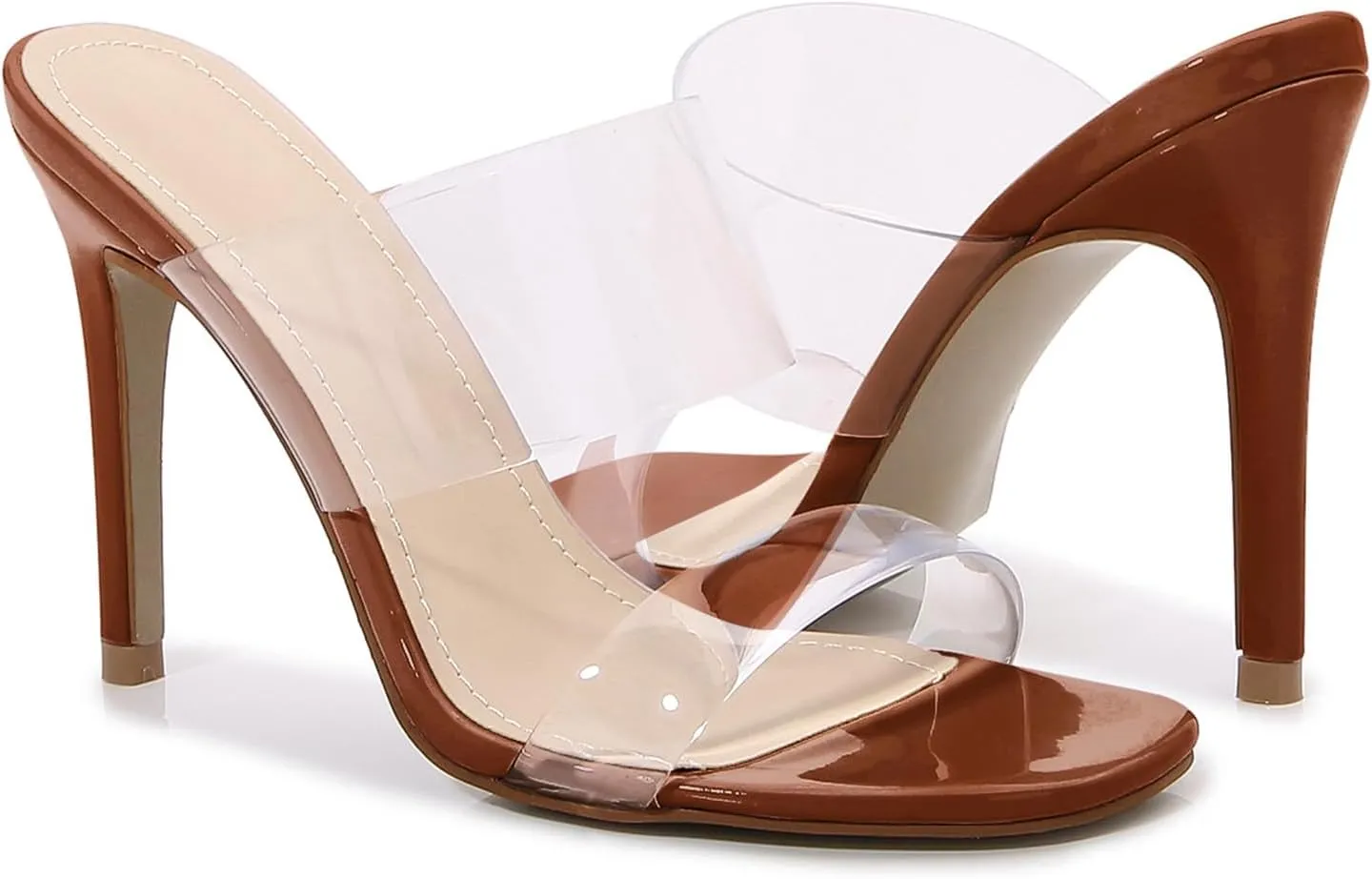 Husmeu Women's Clear Heeled Sandals Square Toe Two Strap Stiletto High Heeled Sandal Transparent Strap Backless Slip on Mules Heeled Sandals
