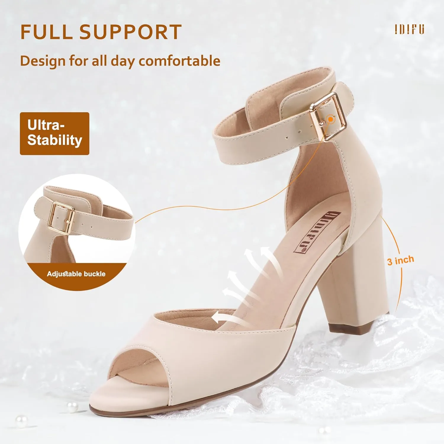 IDIFU Women's Candie-MI Peep Toe Low Block Heels Sandals Ankle Strap Comfy Chunky Wedding Dress Shoes
