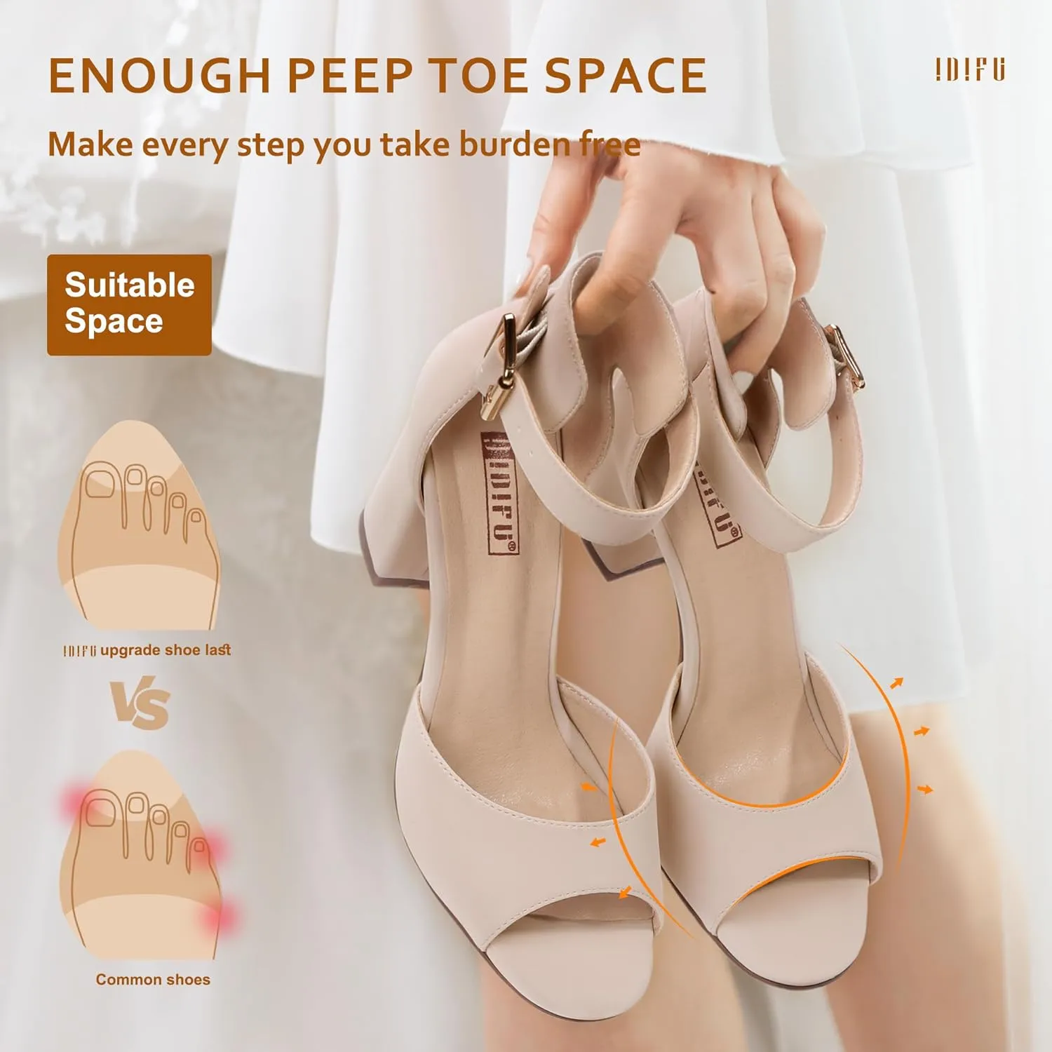 IDIFU Women's Candie-MI Peep Toe Low Block Heels Sandals Ankle Strap Comfy Chunky Wedding Dress Shoes