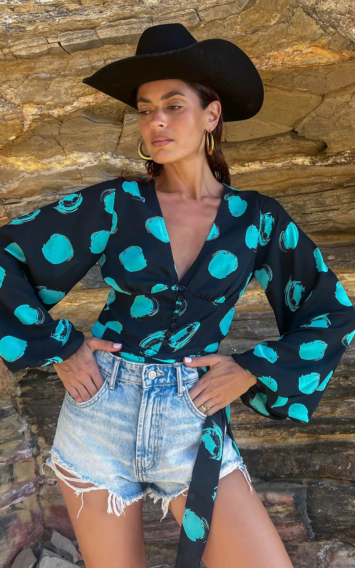 Joanie Tie Top In Green on Black Dot