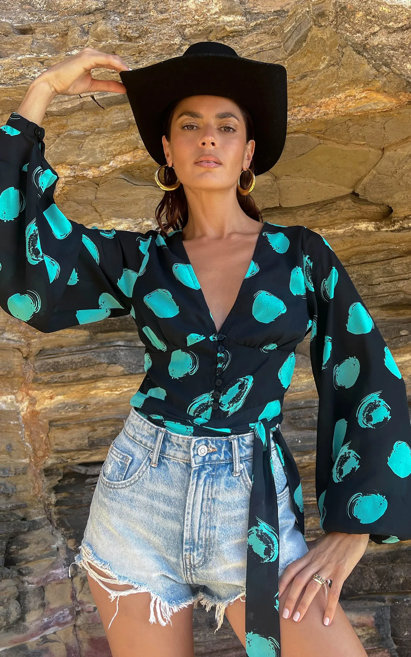 Joanie Tie Top In Green on Black Dot