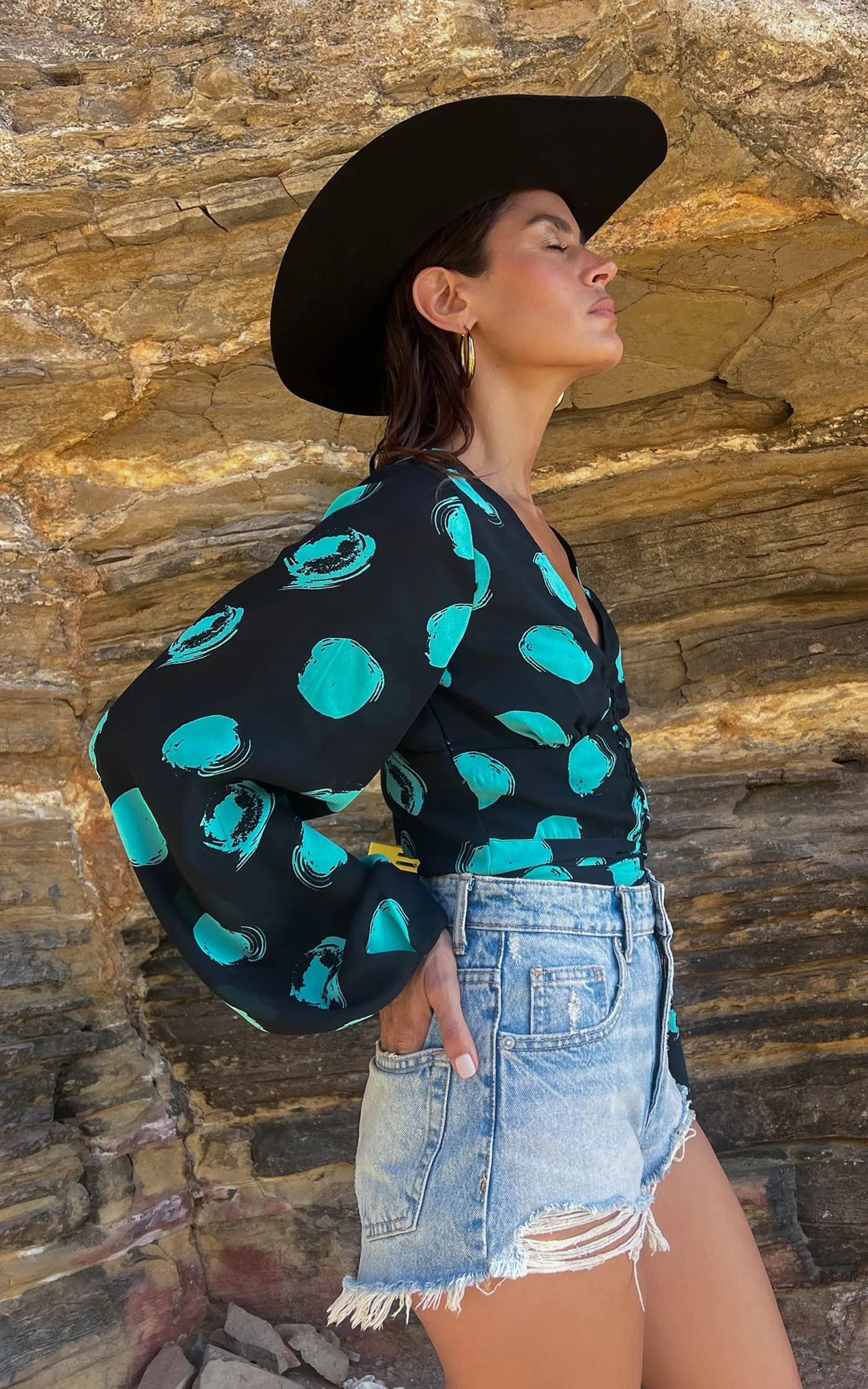 Joanie Tie Top In Green on Black Dot