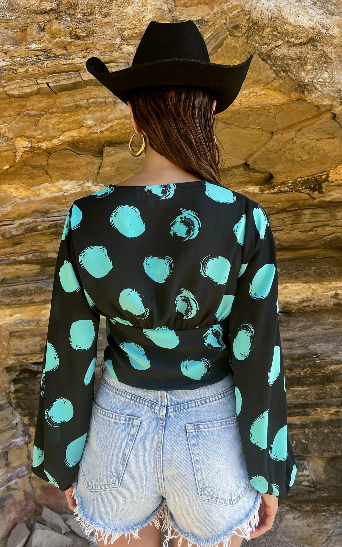 Joanie Tie Top In Green on Black Dot