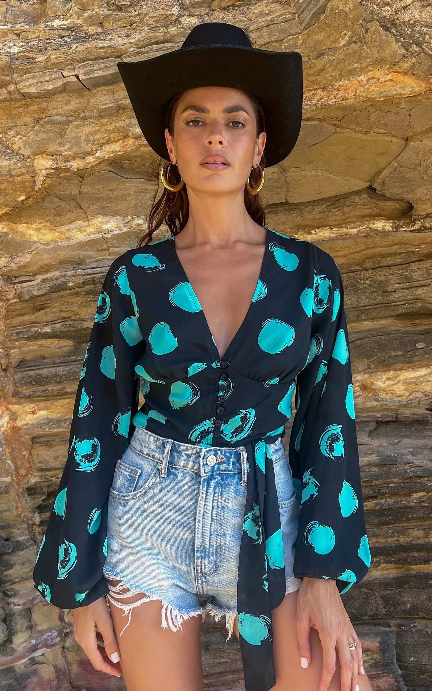 Joanie Tie Top In Green on Black Dot