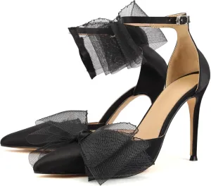 keleimusi Women's Wedding Pumps with Asymmetrical Bows and Ankle Strap High Heeled Sandals