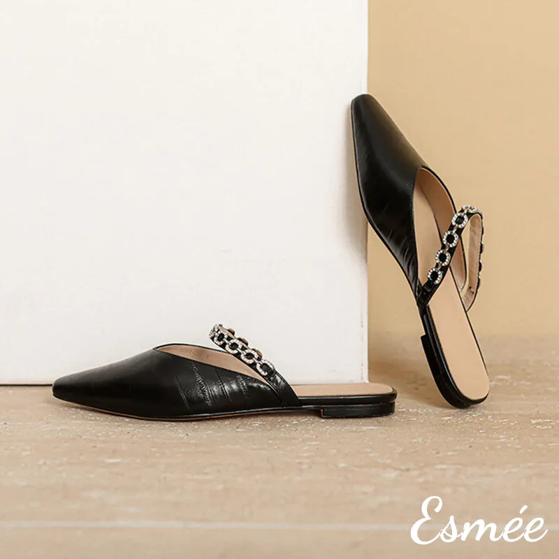 Leather Mules with Rhinestone Chain Design