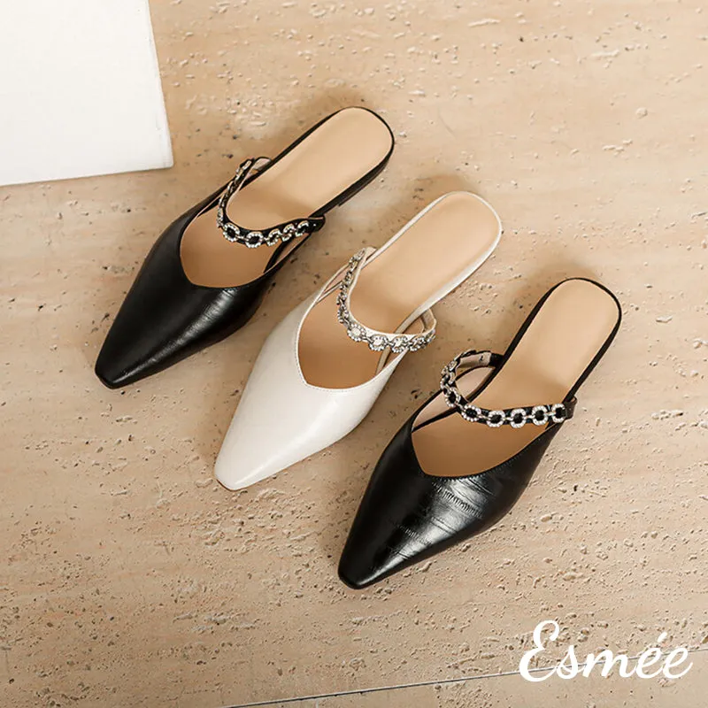Leather Mules with Rhinestone Chain Design