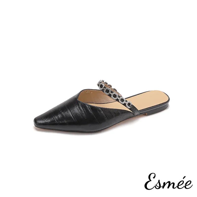 Leather Mules with Rhinestone Chain Design