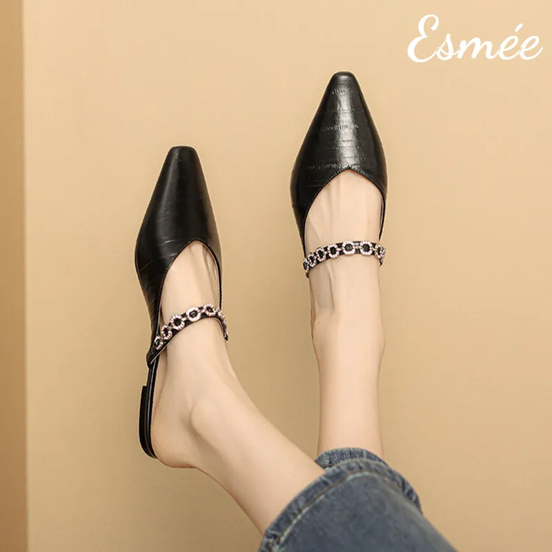 Leather Mules with Rhinestone Chain Design