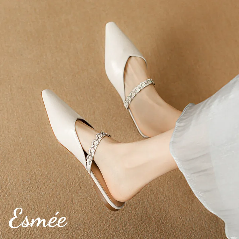 Leather Mules with Rhinestone Chain Design