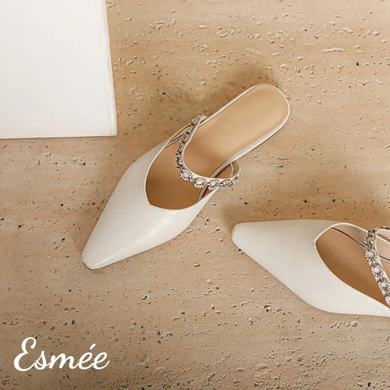 Leather Mules with Rhinestone Chain Design