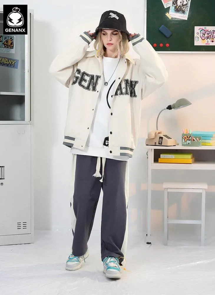 Letters Applique Snap Button Lapel Couple Jacket