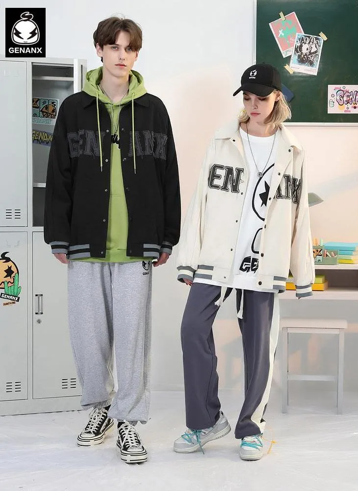 Letters Applique Snap Button Lapel Couple Jacket