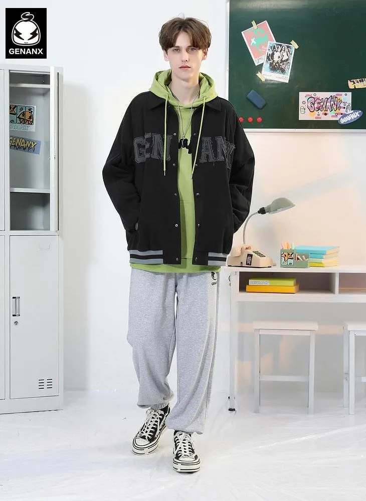 Letters Applique Snap Button Lapel Couple Jacket