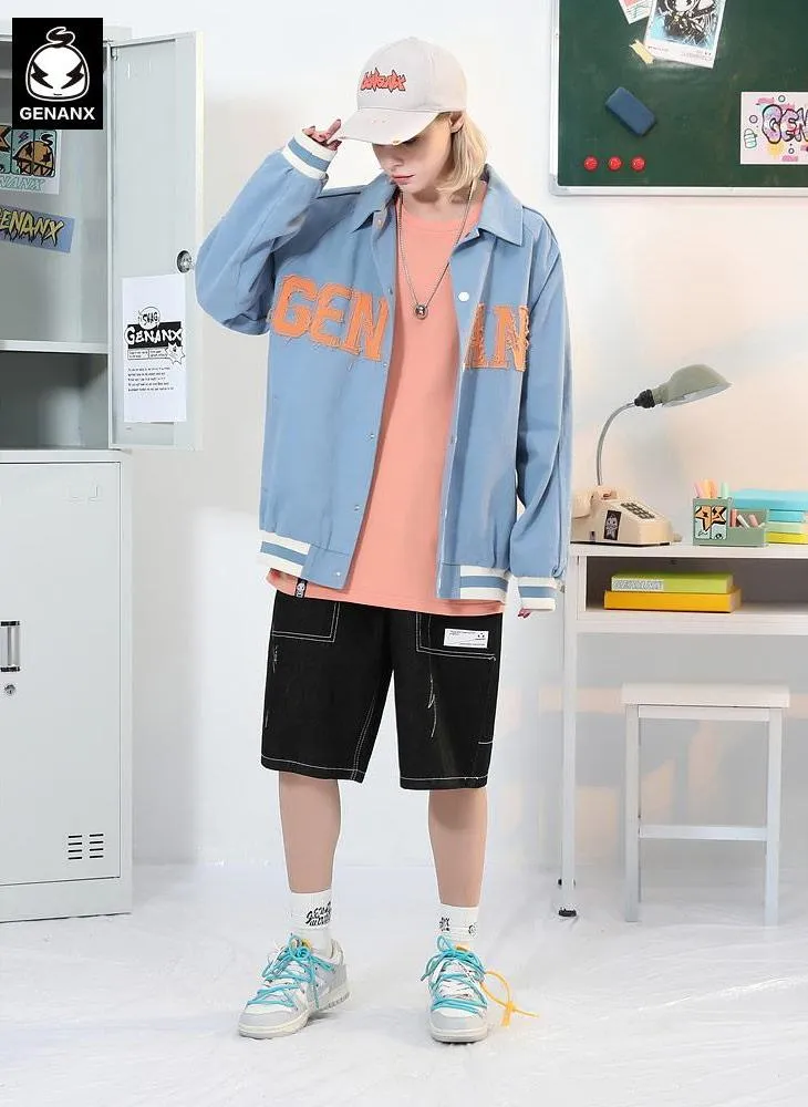 Letters Applique Snap Button Lapel Couple Jacket