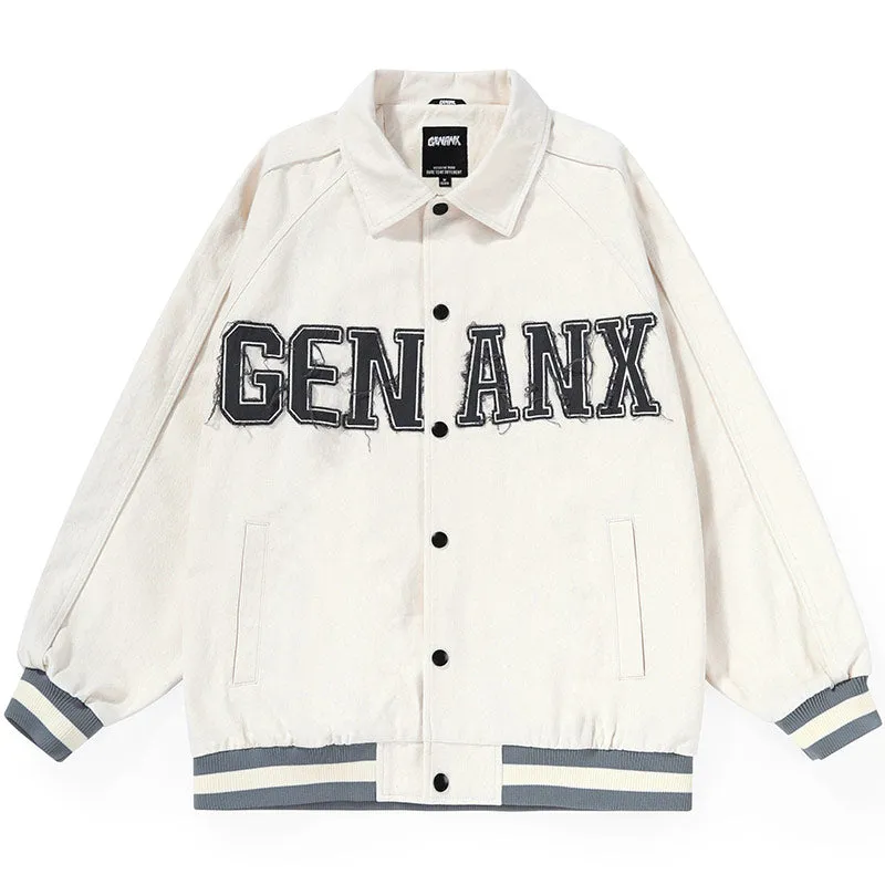 Letters Applique Snap Button Lapel Couple Jacket